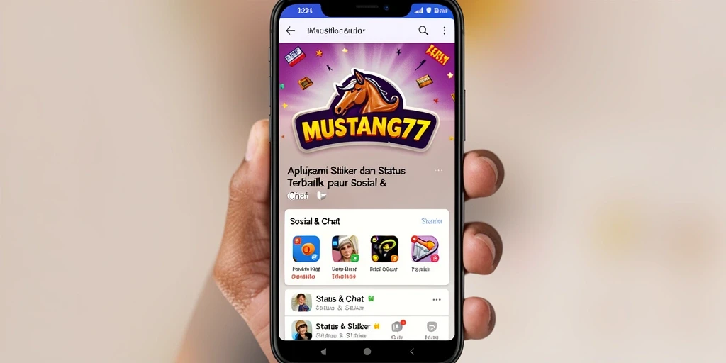 Antarmuka aplikasi MUSTANG77 dengan berbagai stiker menarik.
